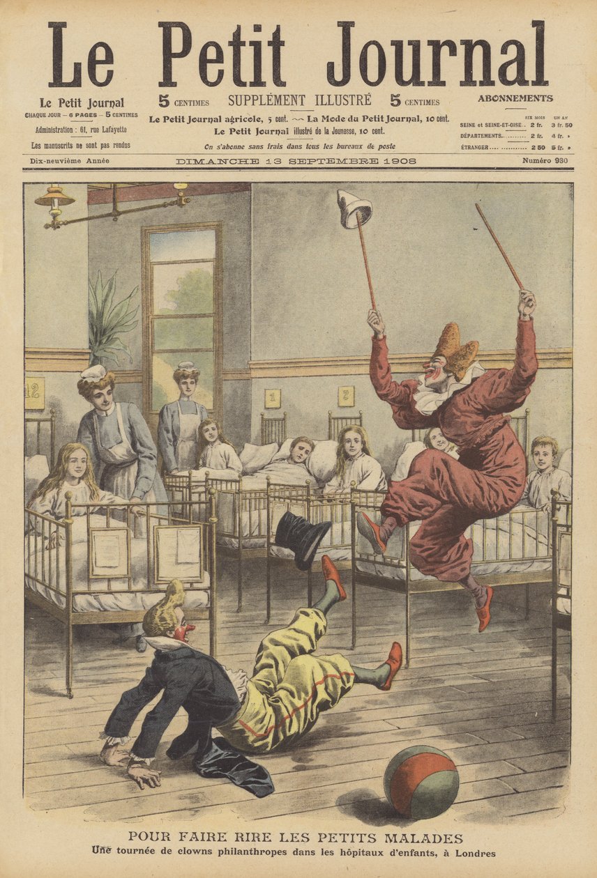 Palhaços a entreter crianças doentes num hospital em Londres (litografia a cores) de French School