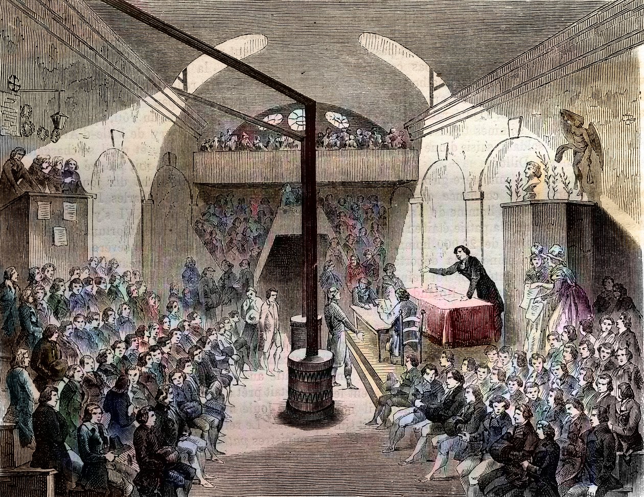 Club des Jacobins - Paris rue Neuve-St Honore 1789 - Vista do clube de Jacobins. Antigo convento da Ordem de Santa Domingas - Uma sessão no clube dos Jacobinos, durante a Revolução de 1789 - Gravura de 1844 - Revolução Francesa. Uma sessão no Jacob de French School