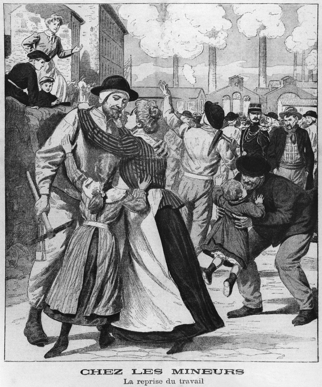 Mineiros de carvão voltar ao trabalho, ilustração do Le Petit Journal, início do século XX de French School
