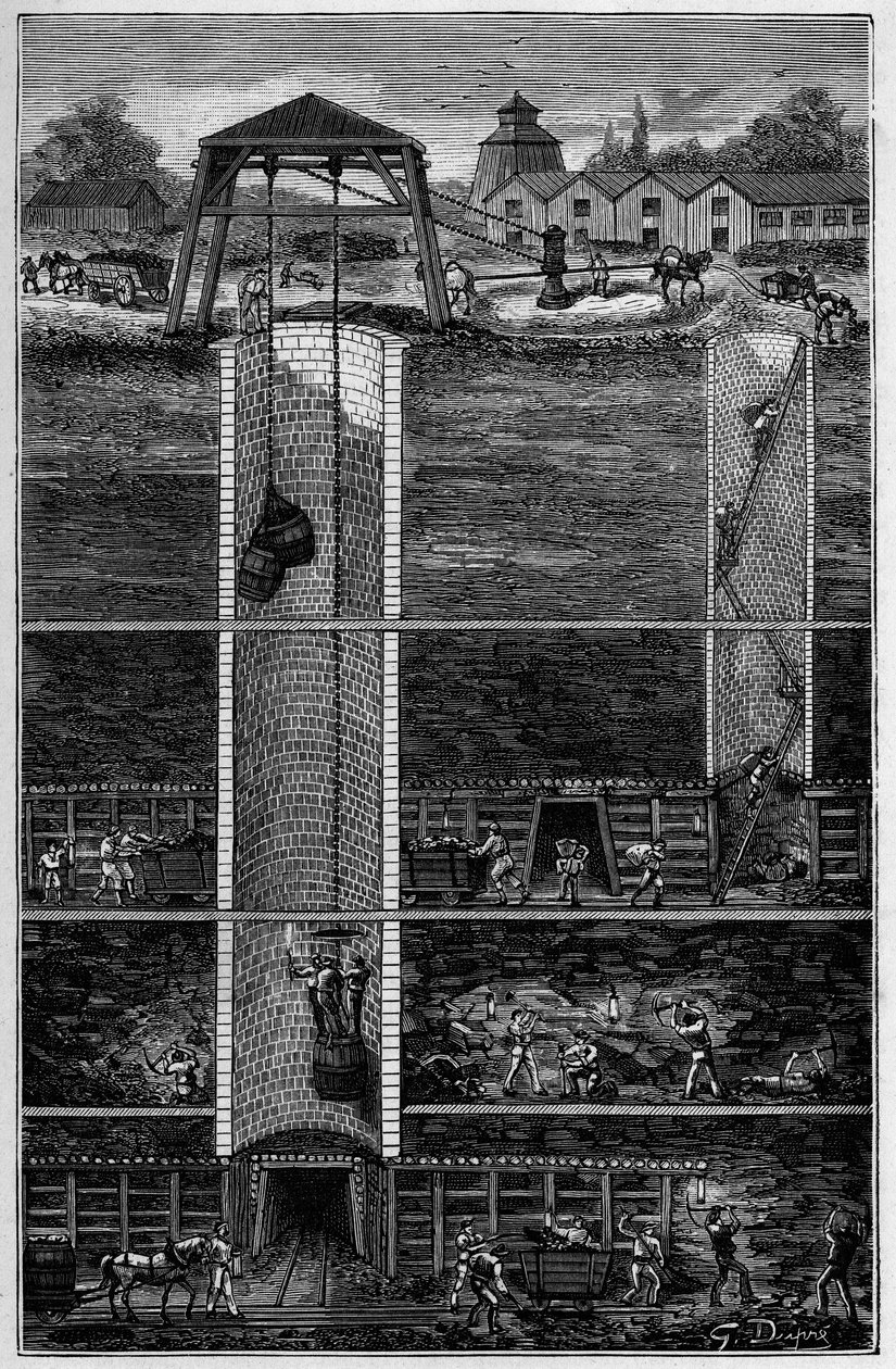 Minas de carvão no século XIX - Mineração de minas de carvão no século XIX - Gravura em "Ciências ao alcance de todos - Física e química popular" de Alexis Clerc - Final do século XIX - Coleção particular de French School