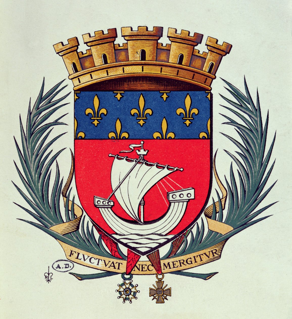 Brasão de armas da cidade de Paris com o lema Fluctuat Nec Mergitur (lançado pelas ondas que ela não afunda) de French School