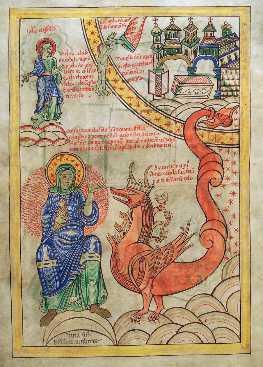 Bacalhau. Guelf. 1 gud. lat. (14v), A Mulher Escarlate, Mãe das Abominações, encontrando a Besta do Apocalipse, de Liber Floridus por Lambert de Saint-Omer c.1120 de French School
