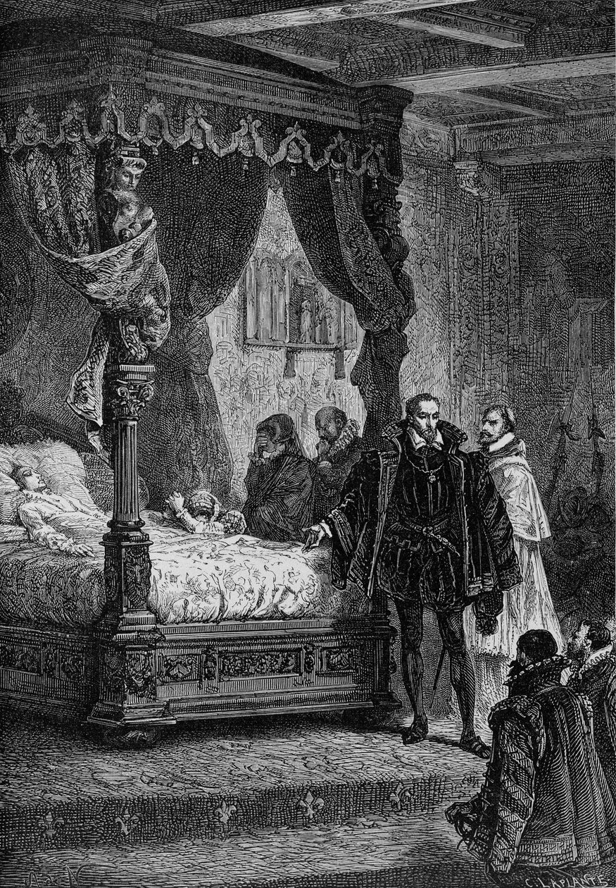 Coligny no leito de morte de François II - no "Histoire de France" de Guizot de French School