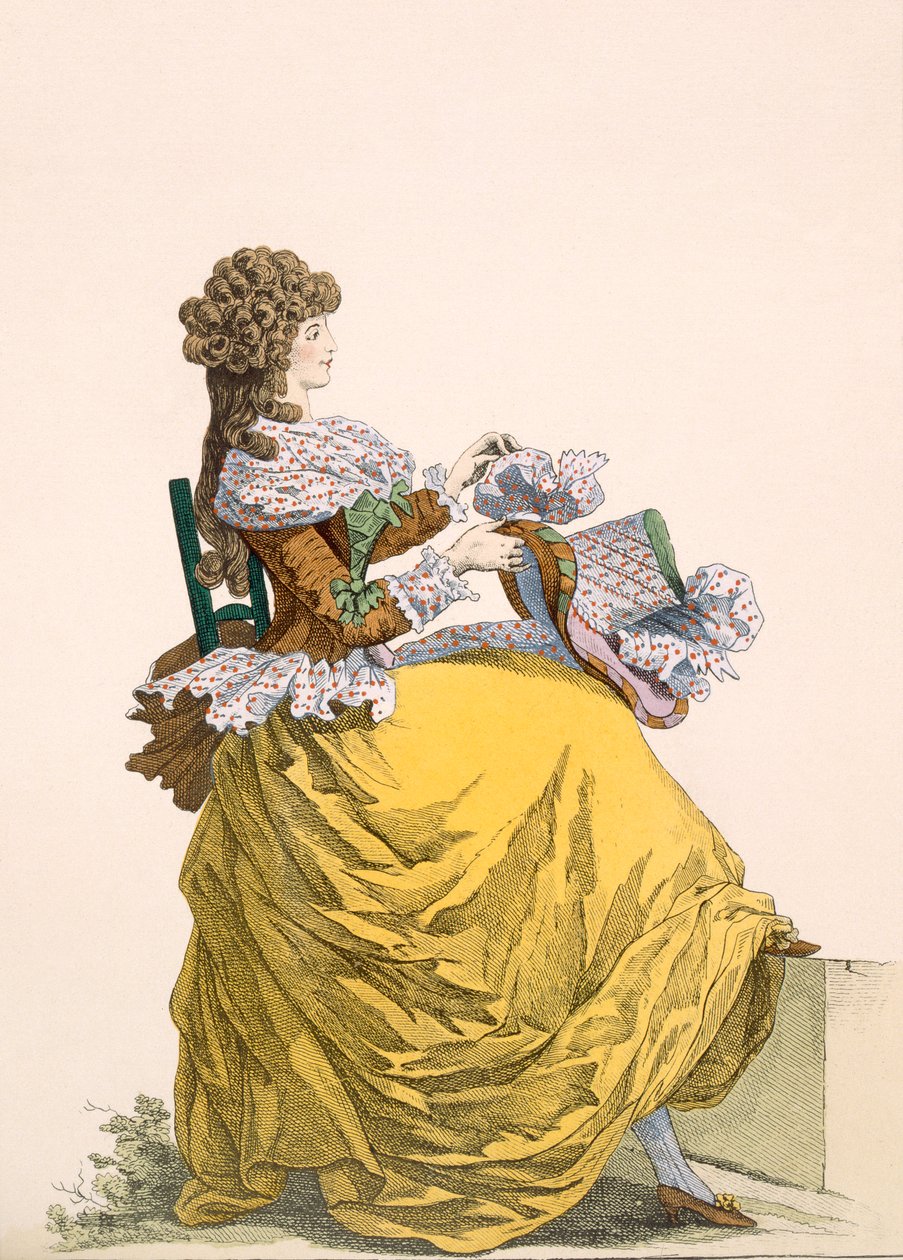 Colinette, placa no.315 da Galeries des Modes et Costumes Français, c.1778-87 99: vestuário; vestido tradicional; traje tradicional; moda; ilustração; c18th; elegante; clo de French School