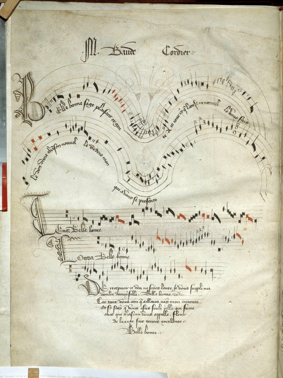 Colecção de baladas, motets e canções Página musical com notas vermelhas a preto e azul de Baude Cordier (1380-1440), partituras para o início do século XV. Chantilly, Museu Conde de French School