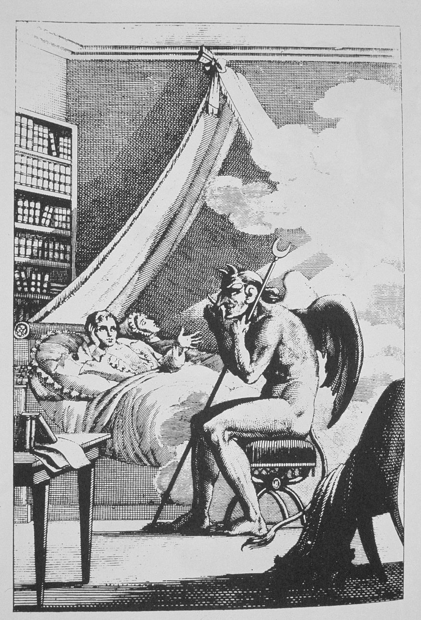 Collin de Plancy (1793-1887) conversando com o diabo, de Le Diable Peint par Lui-meme (1825) ilustrado em uma história da magia publicada no final do século XIX de French School