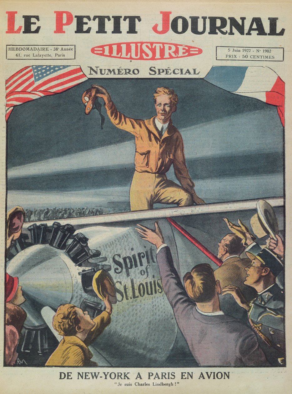 Coronel Charles Lindbergh (1902-74) em sua chegada ao aeroporto de Le Bourget após o primeiro voo transatlântico de Nova York a Paris em 21 de maio de 1927, capa do Le Petit Journal, 5 de junho de 1927 (col de French School