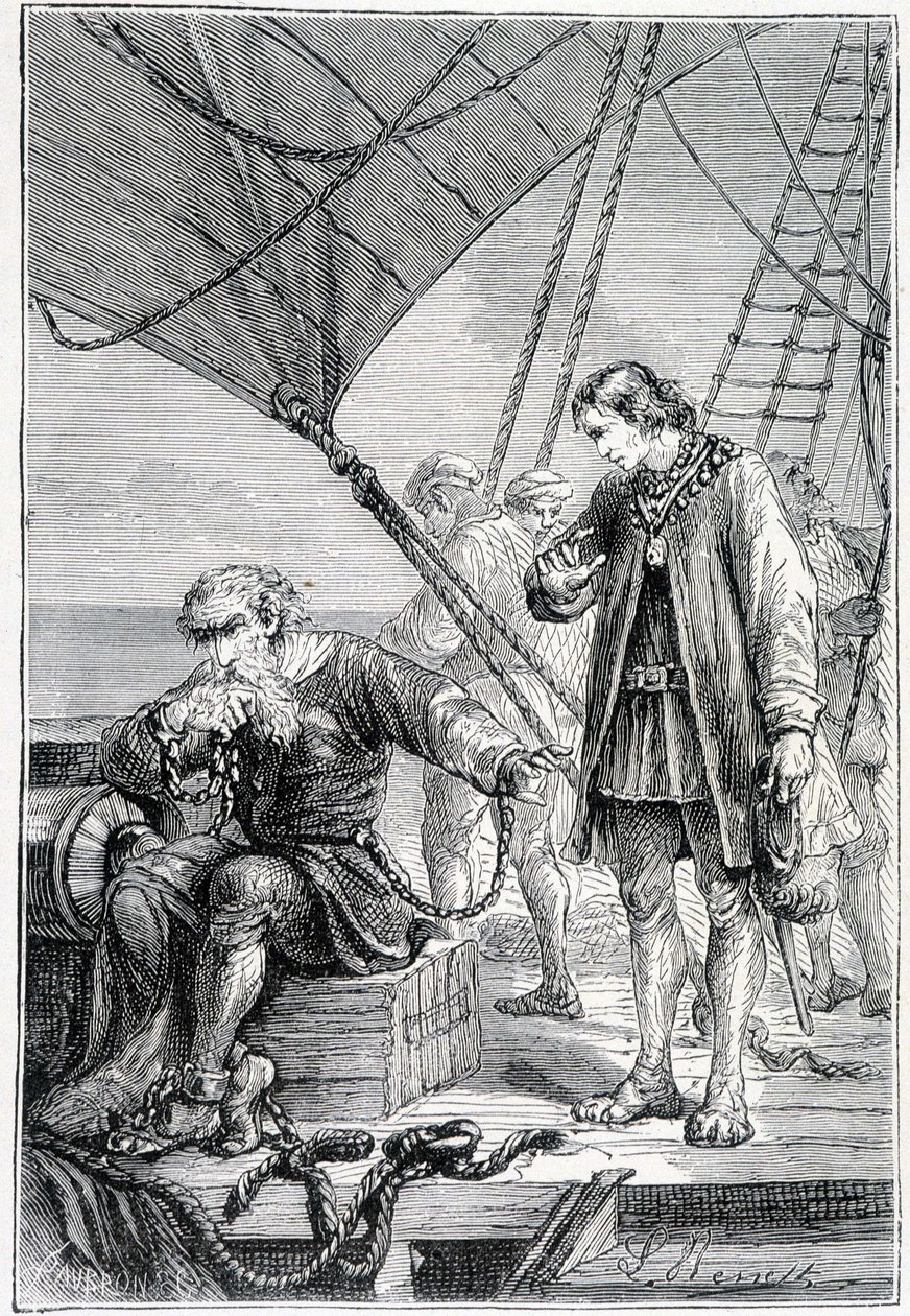 Colombo preso como um vilão (no convés do navio), doente. "Discovery de la Terre" de Jules Verne, ed. Hetzel, n.d. 19. de French School