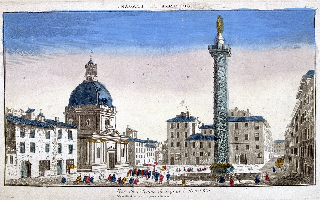 Vista colunar de Trajan (coluna Trajane) (Colonna Traiana) em Roma - gravura de French School