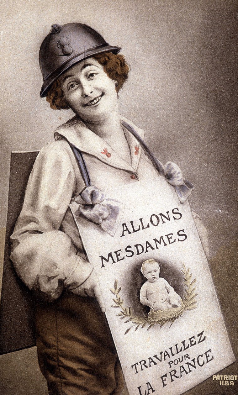 Come Ladies Work for France (incitação ao nascimento), cartão postal, sd. v. 1918 de French School