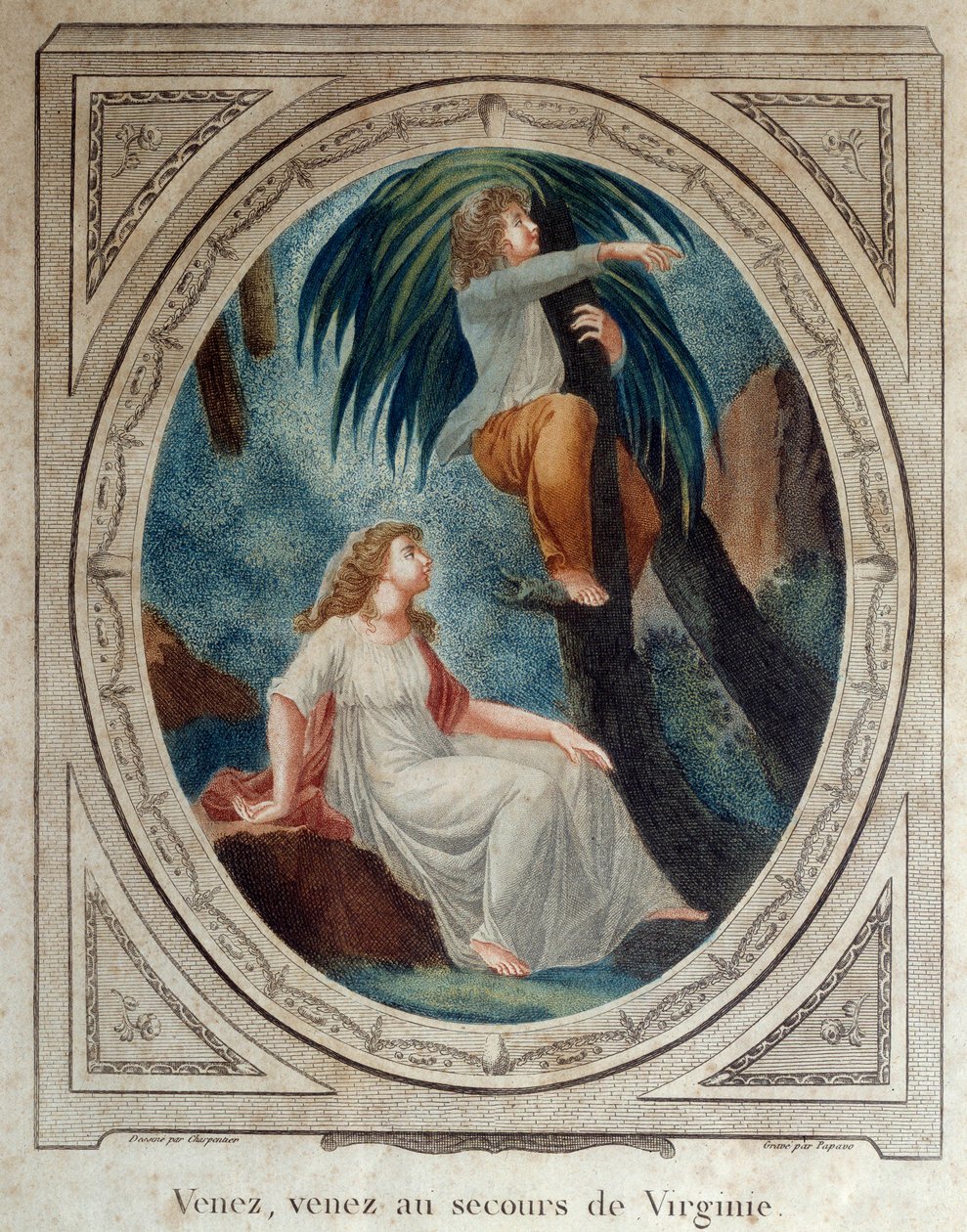 Vá lá, ajuda a Virginia. Ilustração para o romance "Paul and Virginie" de Bernardin de Saint Pierre (1737-1814). Gravura a partir de 1790. La Rochelle, Museu do Novo Mundo de French School