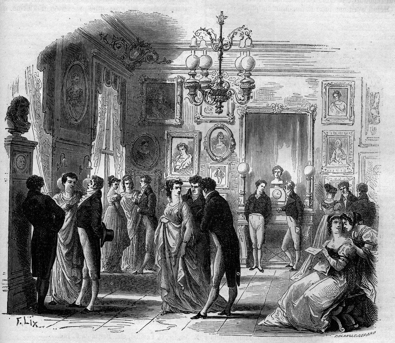 Comédia Francaise: vista do foyer dos artistas com os comediantes François-Joseph (François Joseph) Talma (1763-1826) e Anne Boutet, dit Mademoiselle Mars (1779 - 1847), comediante francesa. Gravura de 1867-1868. de French School
