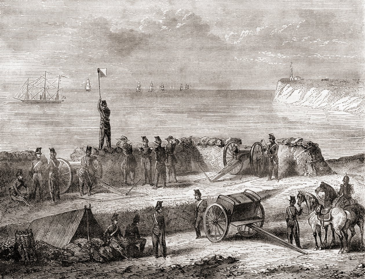 Comunicação entre um navio que entra no porto e as tropas desembarcadas utilizando o sistema de telegrafia semafórica de bandeira, de Les Merveilles de la Science, publicado por volta de 1870 (gravura) de French School