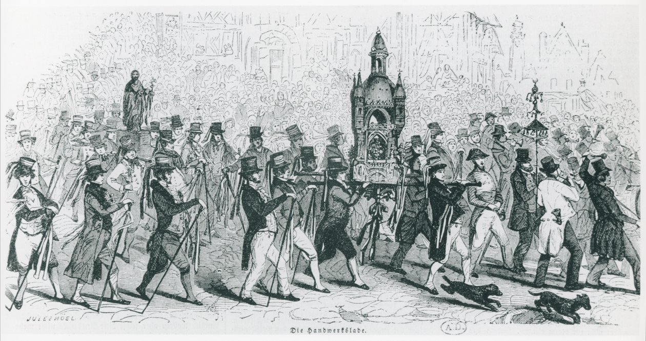 Companheiros do Tour de France celebrando, c. 1845 (gravura) (foto a p/b) de French School