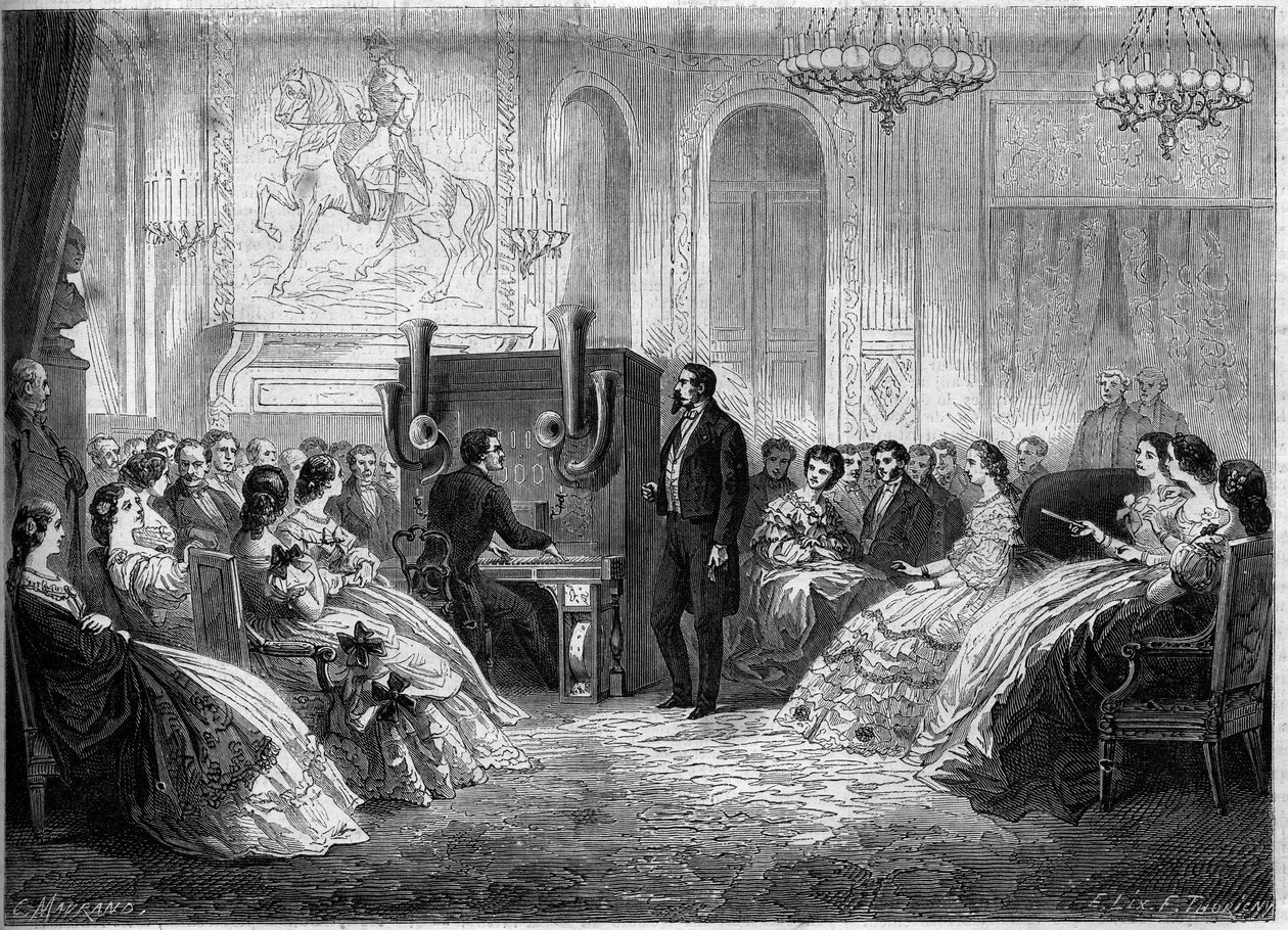 Concerto de "orquestra electromotora de piano", do seu inventor J.B. Schalkenbach, na presença de Napoleão III e Impressiona Eugenie de Montijo. Palais de Saint Cloud de French School