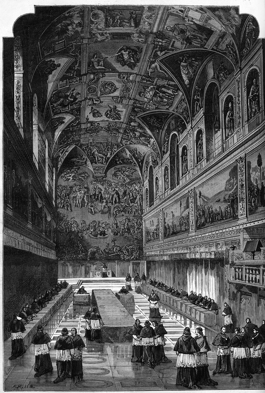 Conclave de 1878: vista do interior da Capela Sistina durante a votação para elucidar o sucessor do Papa Pio IX, Leão XIII. Gravura no "Le Monde Illustré" n°1095 de 23 de Março de 1878. de French School