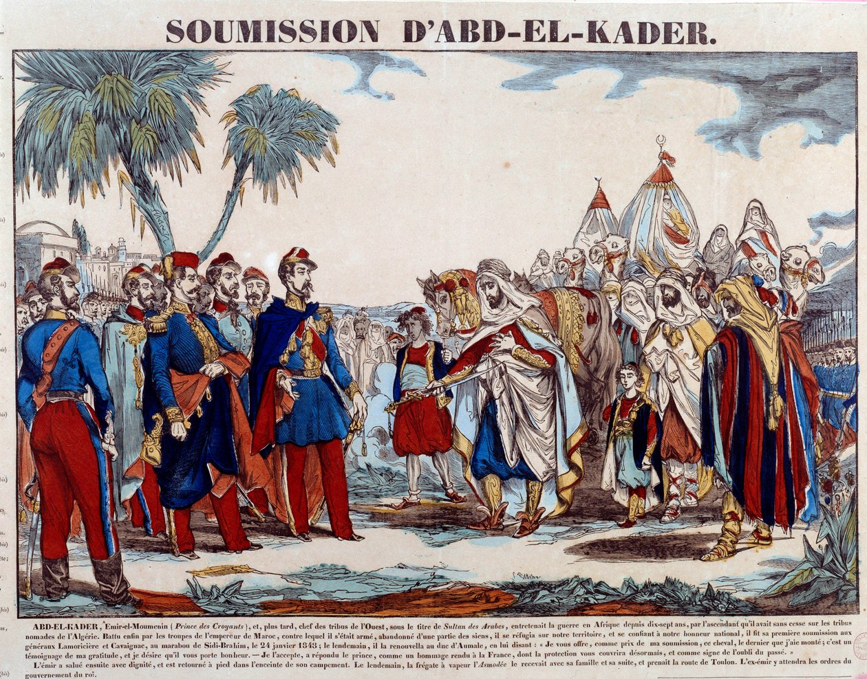 Conquete da Argélia (1830-1847): a submissão de Abd el Kader (Abd-el-Kader ou ibn Muhyi al-Din al-Hasani) (1807-1883) ao Duque de Aumale e ao exército francês em 24/01/1848. Gravura da Coleção Privada do final do século XIX de French School