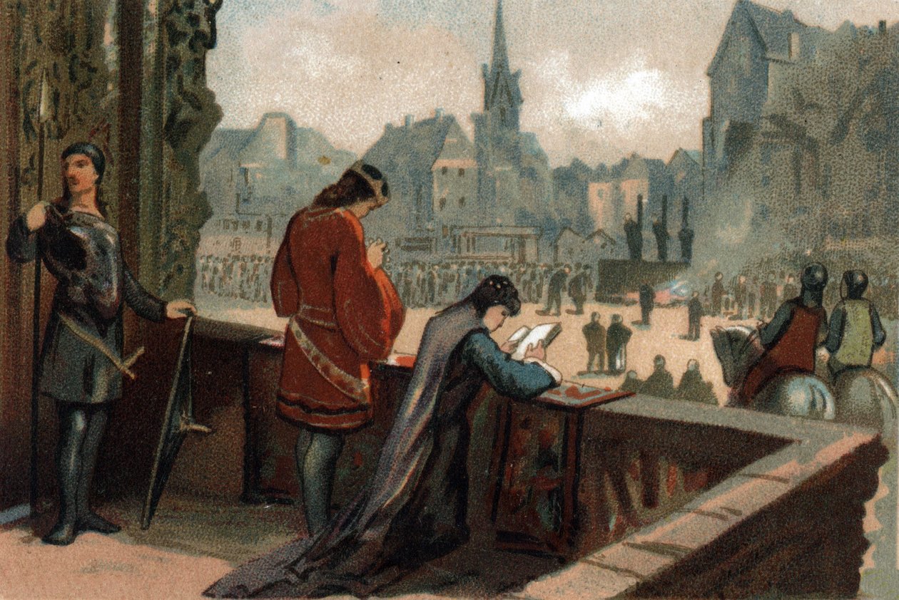 Constance ao lado de seu marido Robert II the Pieux, Rei da França (996-1031), olha o tormento dos hereges condenados na Place de Greve em Paris (Hoje Place de l
