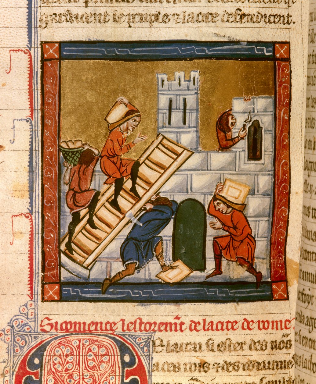 Construção de Roma. Miniatura do manuscrito "Histoire ancienne à la Cesar", cerca de 1260-1270 escrito por um escrivão ao serviço da corte de Roger IV, Chatelain de Lille (1208-1230), o autor poderia ser para alguns de Denain