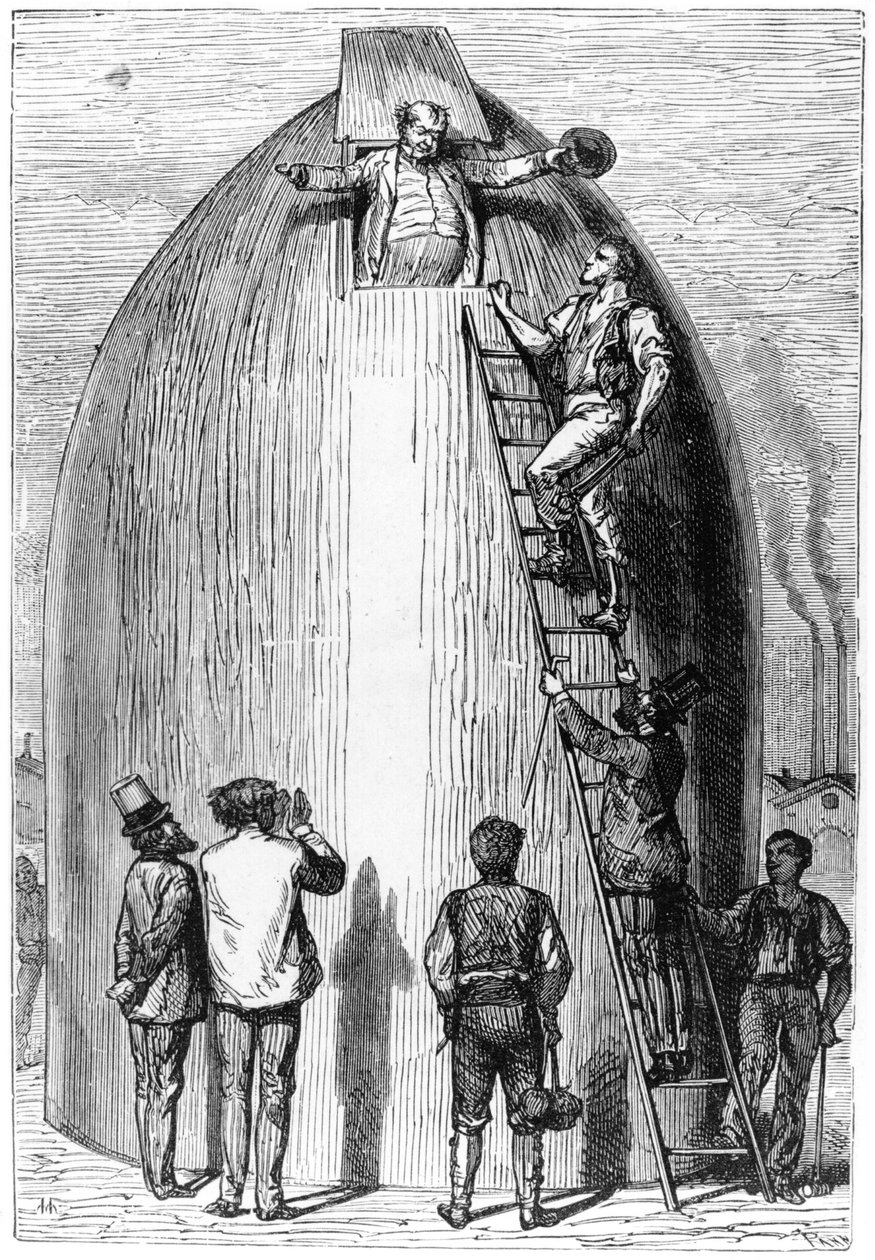 Construção de um foguete, ilustração da Terra à Lua por Jules Verne (1828-1905) Paris, Hetzel, publicado em 1865 de French School