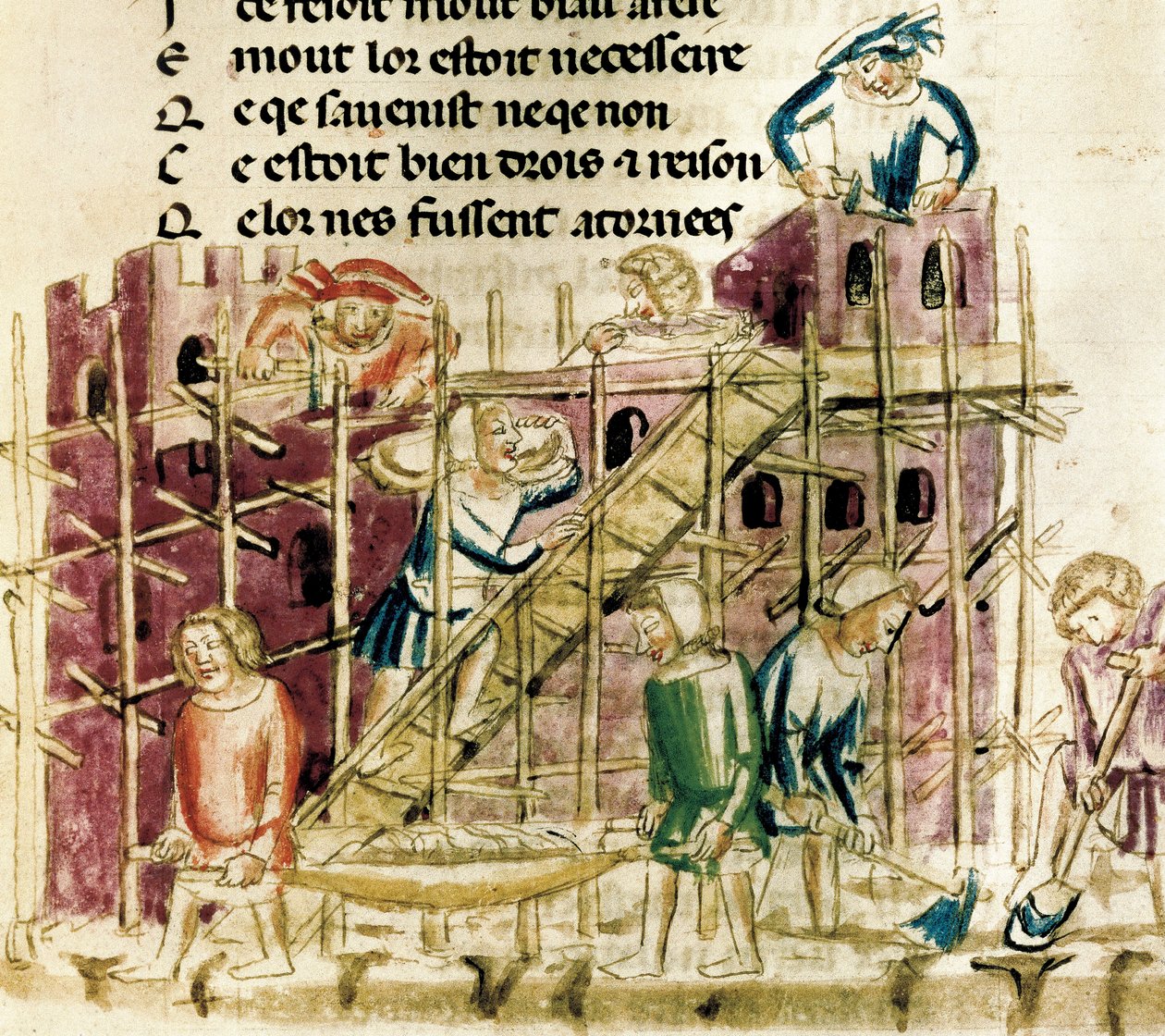 "Construção de uma fortaleza" Miniatura de um manuscrito do século XIV Paris, B.N. de French School