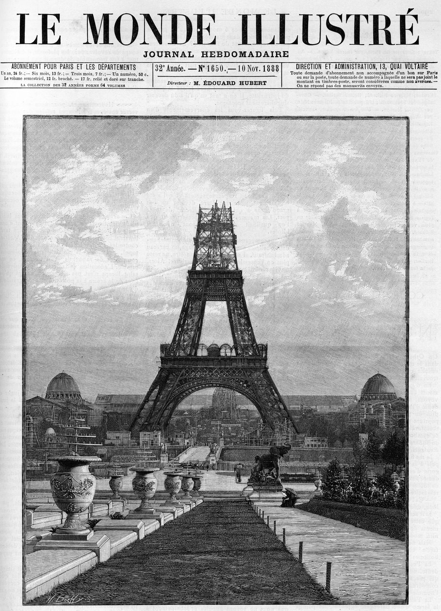 Construção da Torre Eiffel (176 metros) em 1888 em Paris. de French School