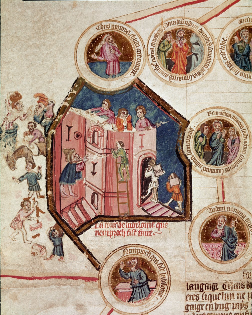 Canteiro de obras da Torre de Babel na Babilónia Página extraída do manuscrito "Genealogia da Bíblia" da escola francesa. Século XIV Cremone, biblioteca governativa de French School