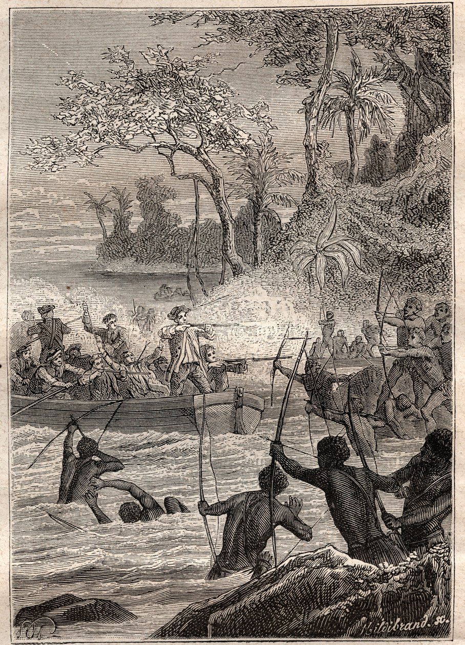 Continua com as setas: Viagem de Philip Carteret ou Philippe de Carteret (1733-1796) nas ilhas de Santa Cruz, Notemely à ilha de Nendo (Santa Cruz, Ndeni, Nitendi ou mesmo Ndende), em 1767 - ilustração tirada de "The Great Mariners of the 18 de French School