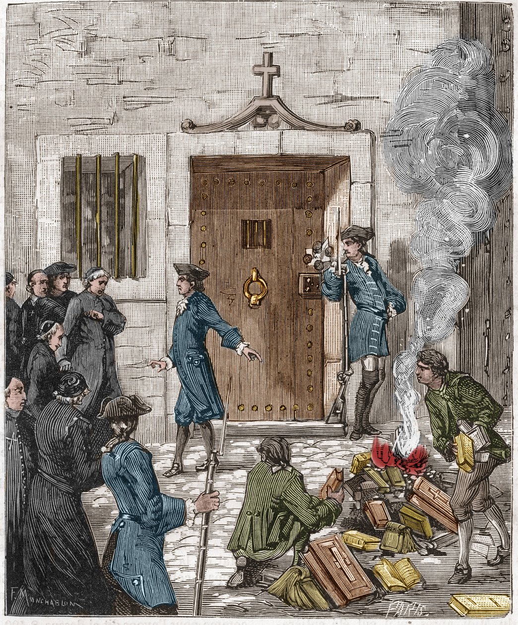 Convicção da Sociedade dos Jesuítas, na sequência da decisão do Parlamento de Paris de 6 de Agosto de 1762. O tribunal ordenou que mais de 24 livros e livros feitos pelos jesuítas fossem queimados pelo verdugo. Gravura do século XIX. de French School