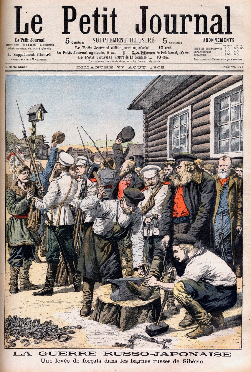 Condenados na Sibéria sendo recrutados para lutar na Guerra Russo-Japonesa. Guerra Russo-Japonesa. Uma ascensão de forças nos bagnes russos da Sibéria. Ilustração para Le petit Journal, 27 de agosto de 1905. de French School