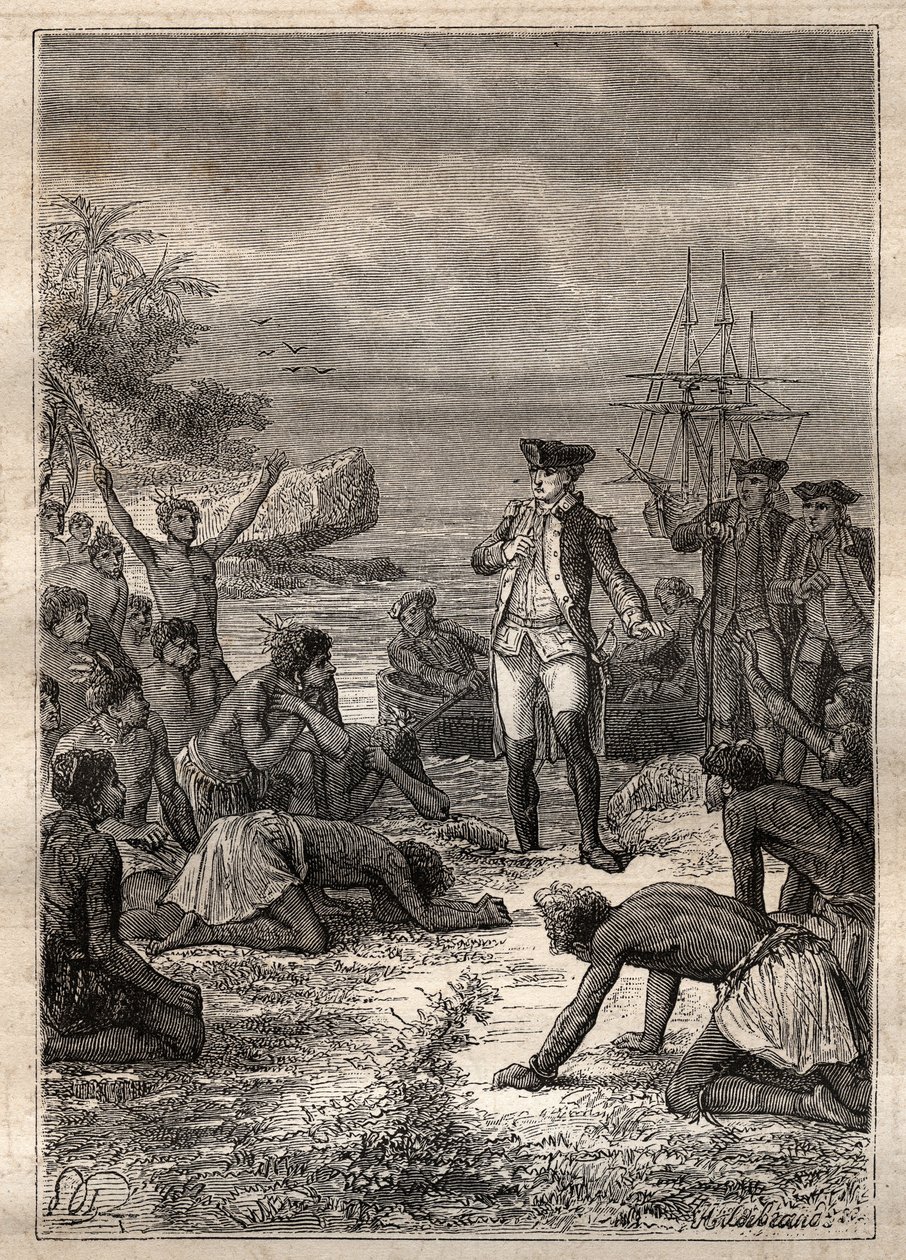 Recepção de Cook pelos nativos - Terceira viagem de James Cook - Cook recebido pelos nativos - Terceira viagem de James Cook no Oceano Pacífico - ilustração tirada de "The Great Mariners of the 18 century" por Jules Verne de French School