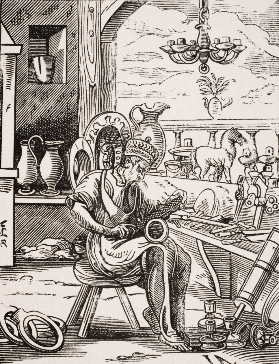 Coppersmith, reprodução de uma xilogravura por Jost Amman (1539-91) de &39;Le Moyen Age et La Renaissance&39; por Paul Lacroix (1806-84) publicou 1847 (lito) de French School