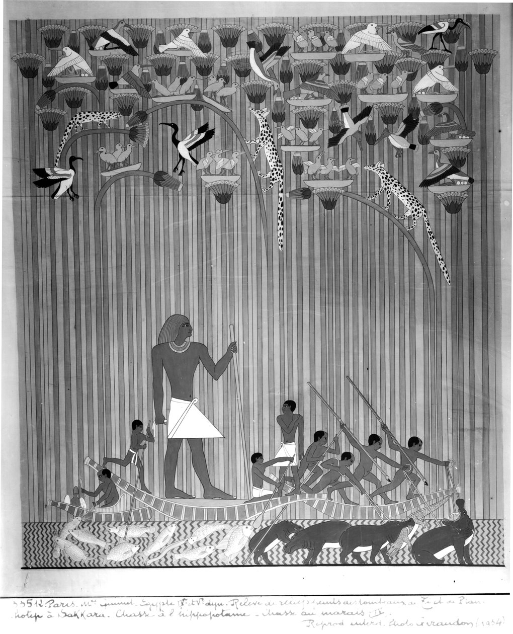Cópia de um relevo pintado egípcio retratando a pesca e o hipopótamo do arpão, da tumba de Ti e do Ptah-Hotep em Saqqara, 5a dinastia, reino velho de French School