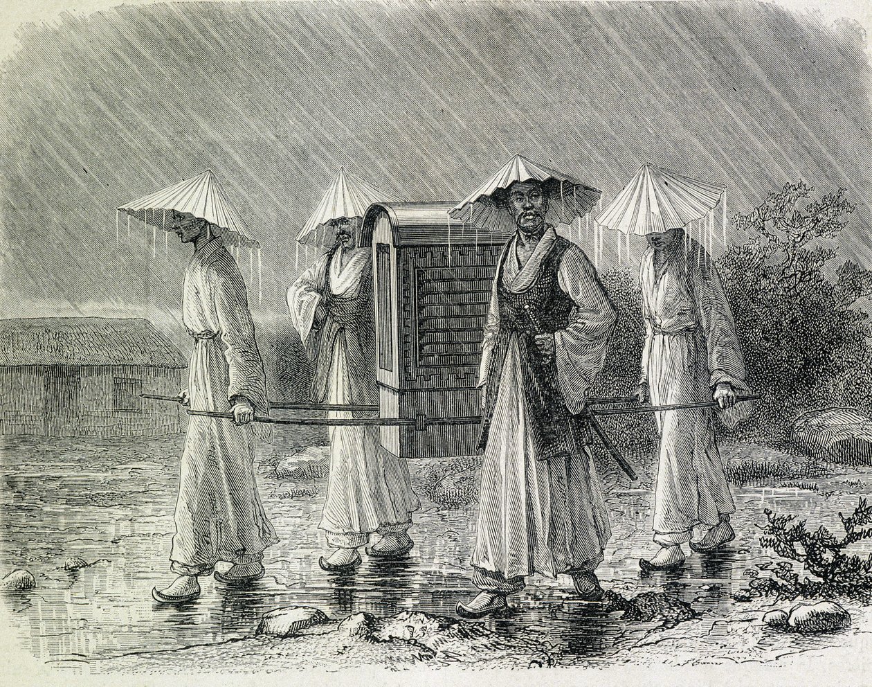 Coreanos vestidos num palanquim (fato de chuva dos coreanos) transportando uma cadeira. Ilustração retirada de "An expedition in Korea" de H. Zuber, antigo oficial da marinha (1866) - in "Tour du Monde". de French School