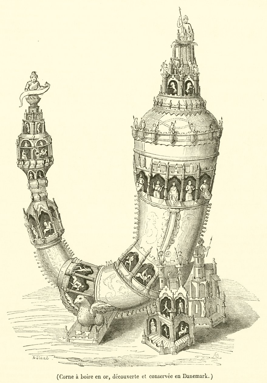 Trompa de ouro para beber, descoberta e conservada na Dinamarca (gravura) de French School