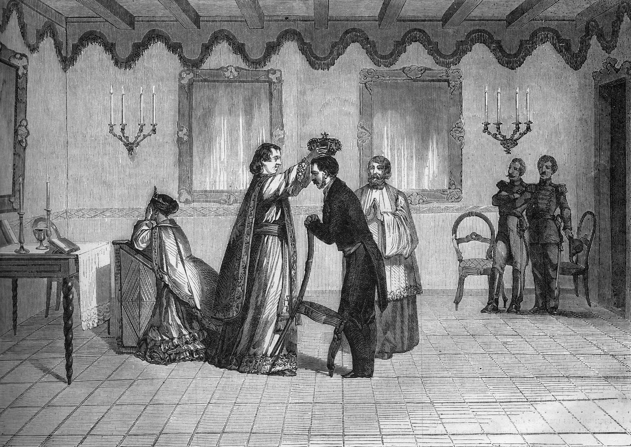 Coroação do Rei Radama II de Madagascar (1829-1863) pelo padre católico francês Jouen de French School