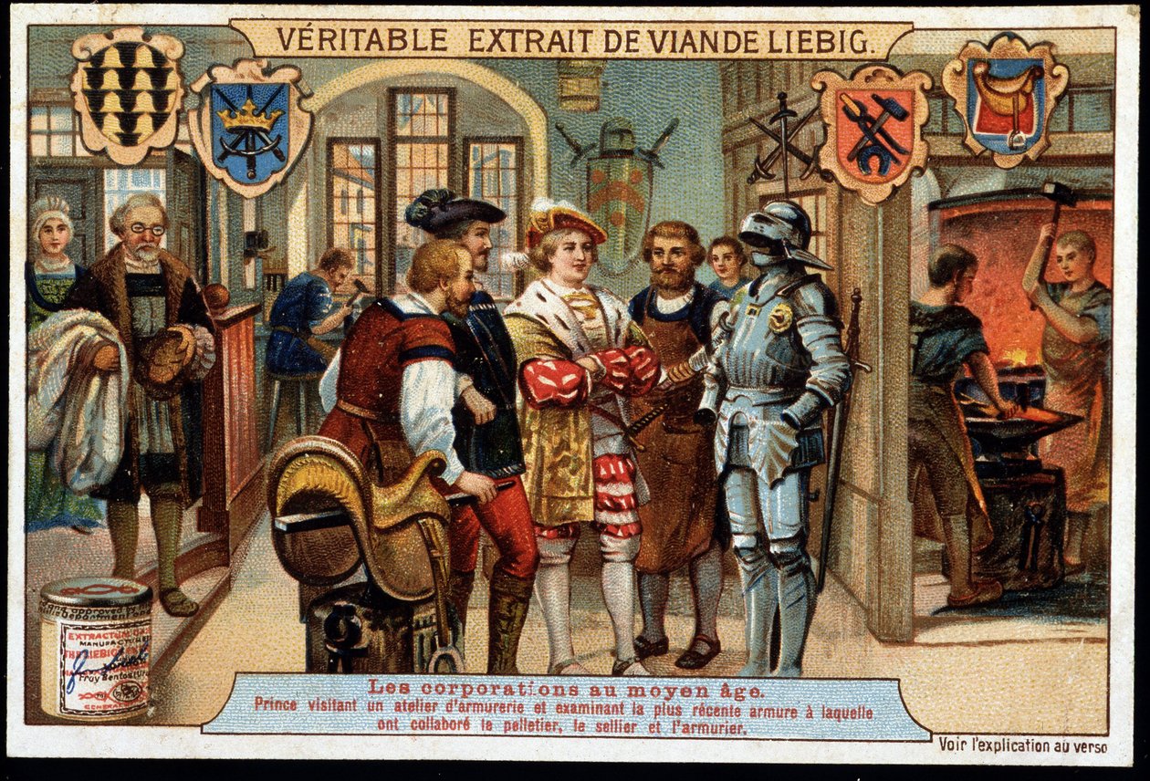 Corporações na Idade Média (Idade Média): Príncipe visitando uma oficina de armaria e examinando a armadura mais recente na qual trabalhavam o peleiro, selador e armeiro. Cromolitografia de Litibig do final do século XIX. de French School