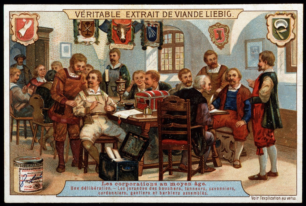 Corporações na Idade Média: uma deliberação do júri de açougueiros, curtidores, saboneteiros, sapateiros, sapateiros, luvas e barbeiros montados - vinheta publicitária Liébig, final do século XIX de French School