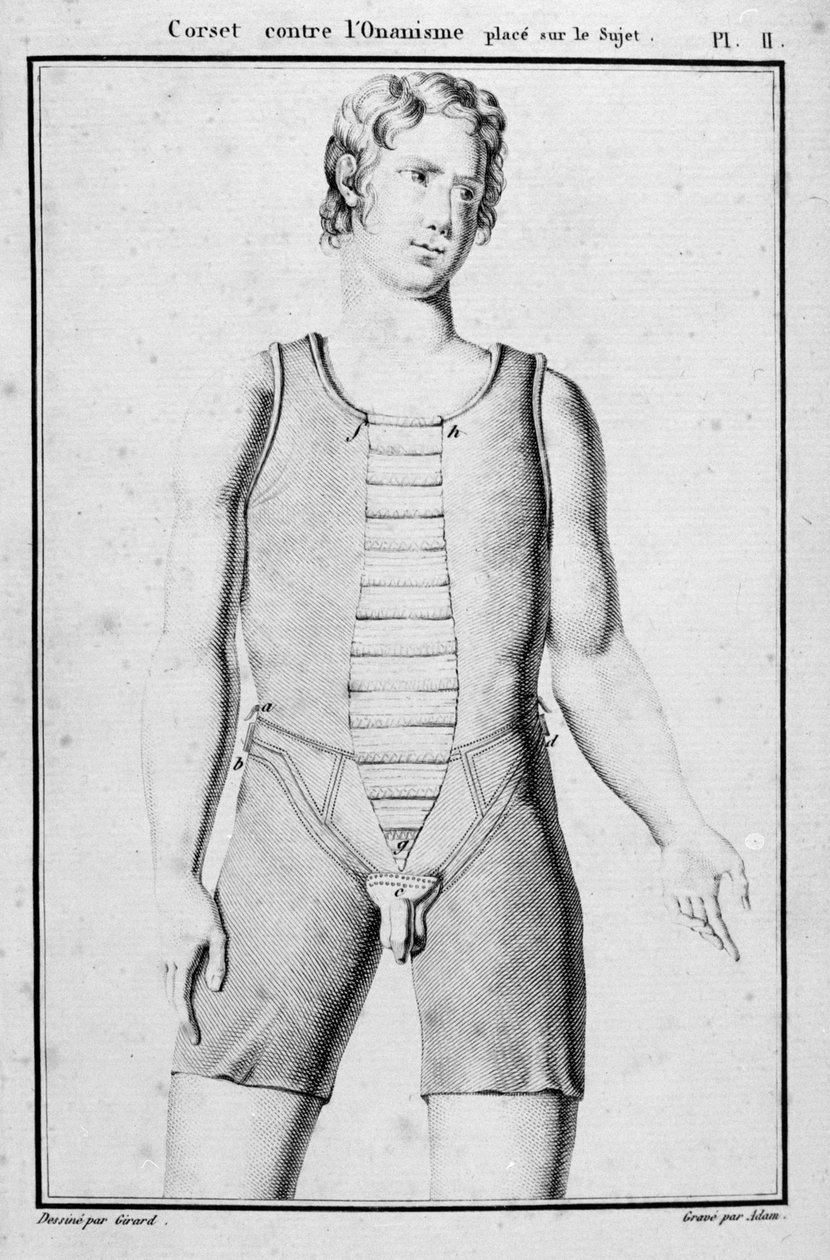 Espartilho para evitar onanismo, ilustração de ataduras de ordenha e dispositivos por JBJ Thillaye, Paris, publicado em 1815 de French School