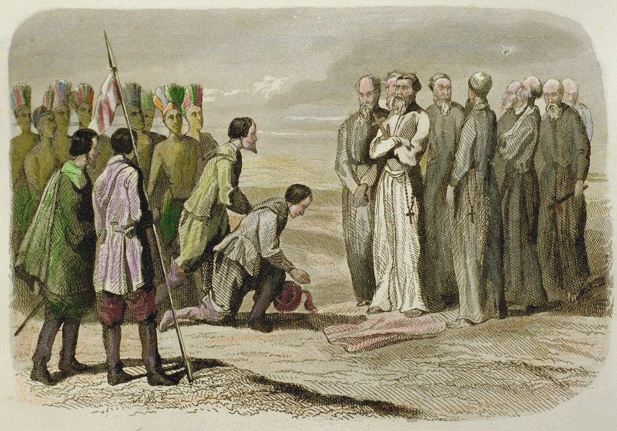 Cortes aos pés de Martin de Valencia (gravura colorida à mão) de French School