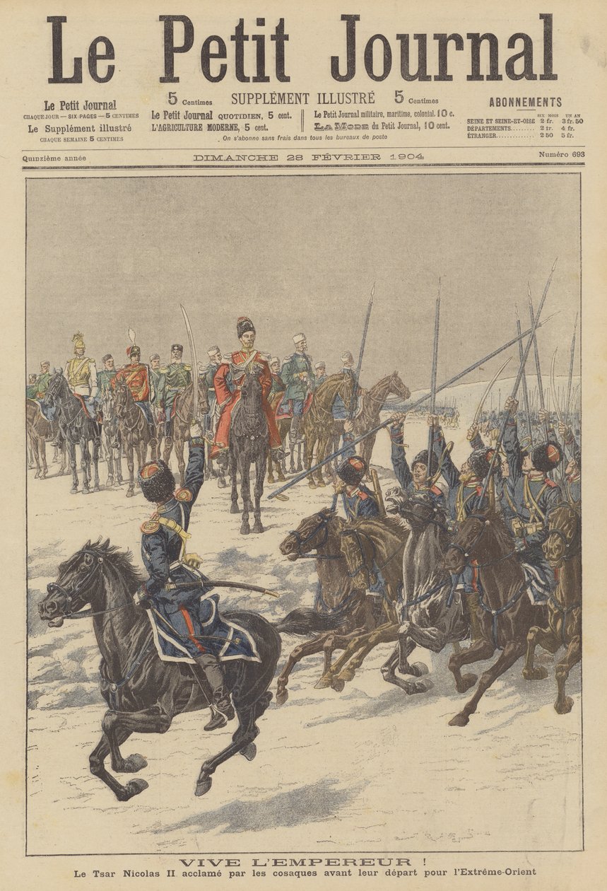 Cossacos aclamando o czar Nicolau II antes de partirem para o Extremo Oriente para combater os japoneses (litografia a cores) de French School