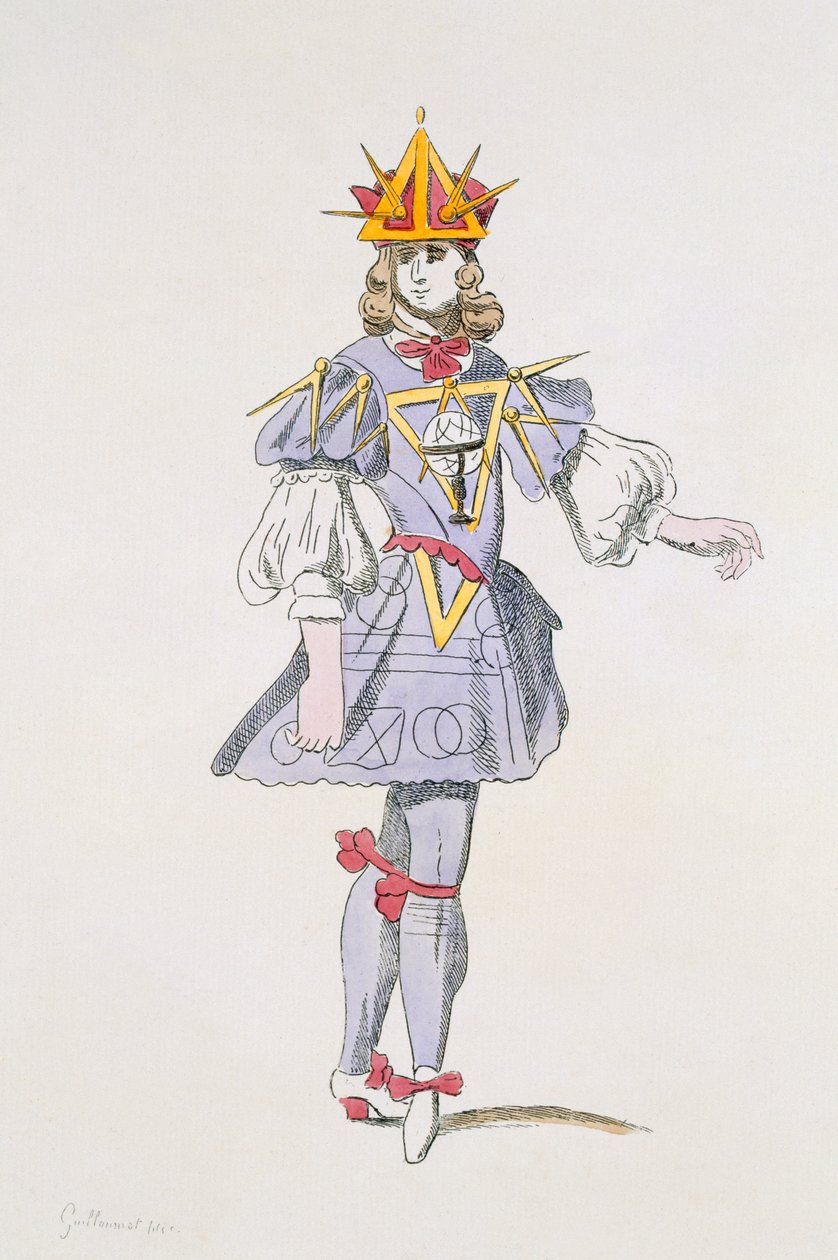 Figurino de Geometria em balé da corte do século XVII, da coleção Menus Plaisirs, fac-símile de A. Guillaumot Fils (gravura colorida) de French School