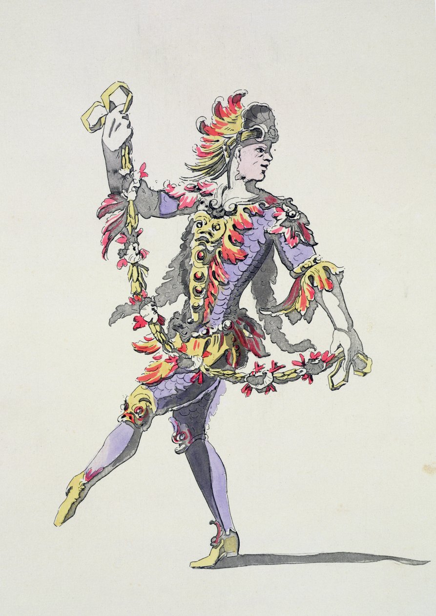 Figurinos de Triton, em balé do século XVII, da coleção Menus Plaisirs, fac-símile de A. Guillaumot Fils (gravura colorida) de French School