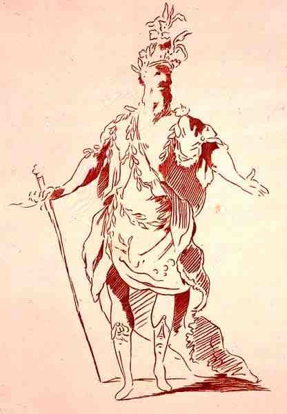 Desenho de figurino para um Deus do Rio, da coleção Menus Plaisirs, fac-símile de A. Guillaumot Fils, c.1750 (cor litho) de French School
