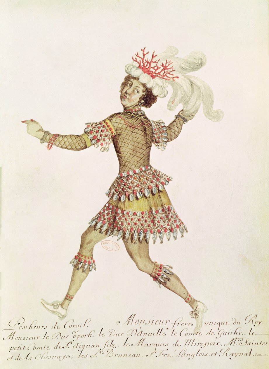Figurinos de um pescador de coral para O Casamento de Tétis e Peleus por Francesco Cavalli (1602-76) 1654 (wc em velino) de French School