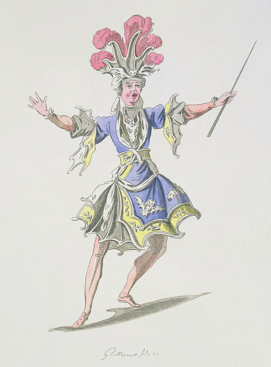 Figurino para o mago, em Dardano, libreto de Leclerc de Labruere, composto por Jean-Philippe Rameau (1683-1764) fac-símile de A. Guillaumot Fils (gravura a cores) de French School