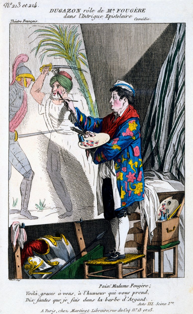 Traje para Dugazon no papel de Monsieur Fougère em L&39;Intrigue Epistolaire, da Petite Galerie Dramatique, publicado em 1796 de French School