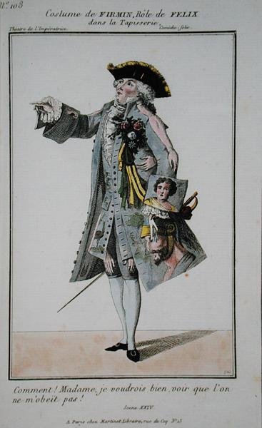 Figurino para Firmin no papel de Felix em La Tapisserie, placa 108 da "Petite Galerie Dramatique", publicado pela Martinet, Paris de French School