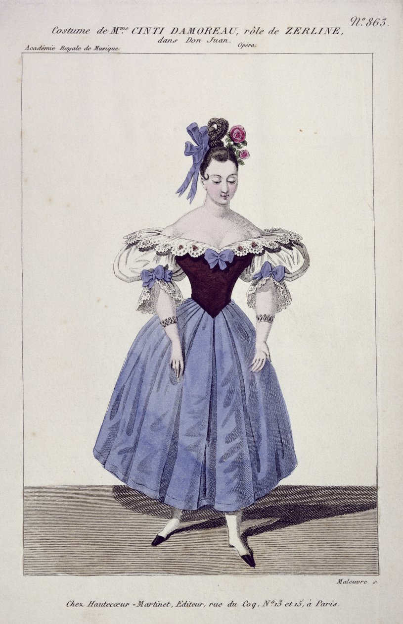 Traje para Madame Cinti Damoreau no papel de Zerlina em Don Giovanni, gravado por Maleuvre, imprimido por Hautecoeur-Martinet de French School