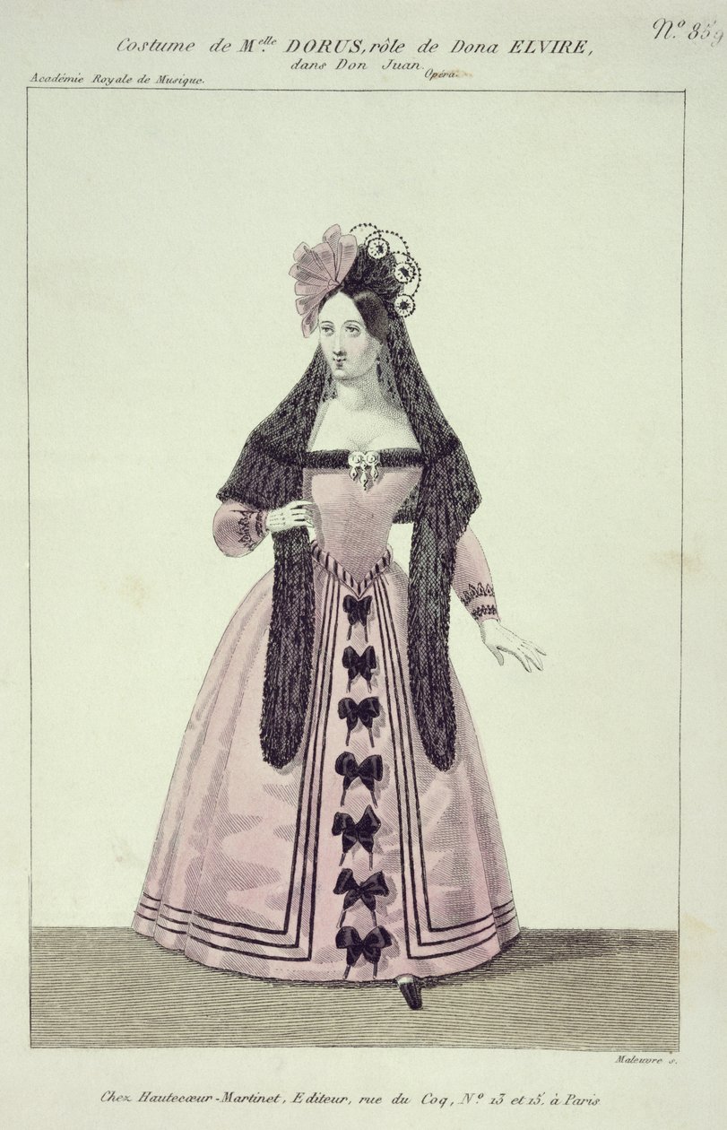 Traje para Mademoiselle Dorus no papel de Donna Elvira em Don Giovanni, gravado por Maleuvre, imprimido por Hautecoeur-Martinet de French School